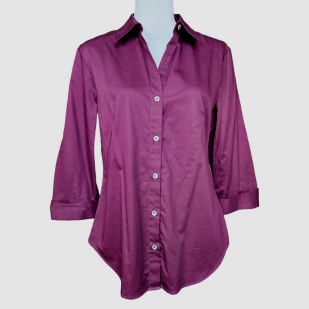 Banana Republic burgundy button-down shirt blouse fitted cotton ¾ sleeve L
